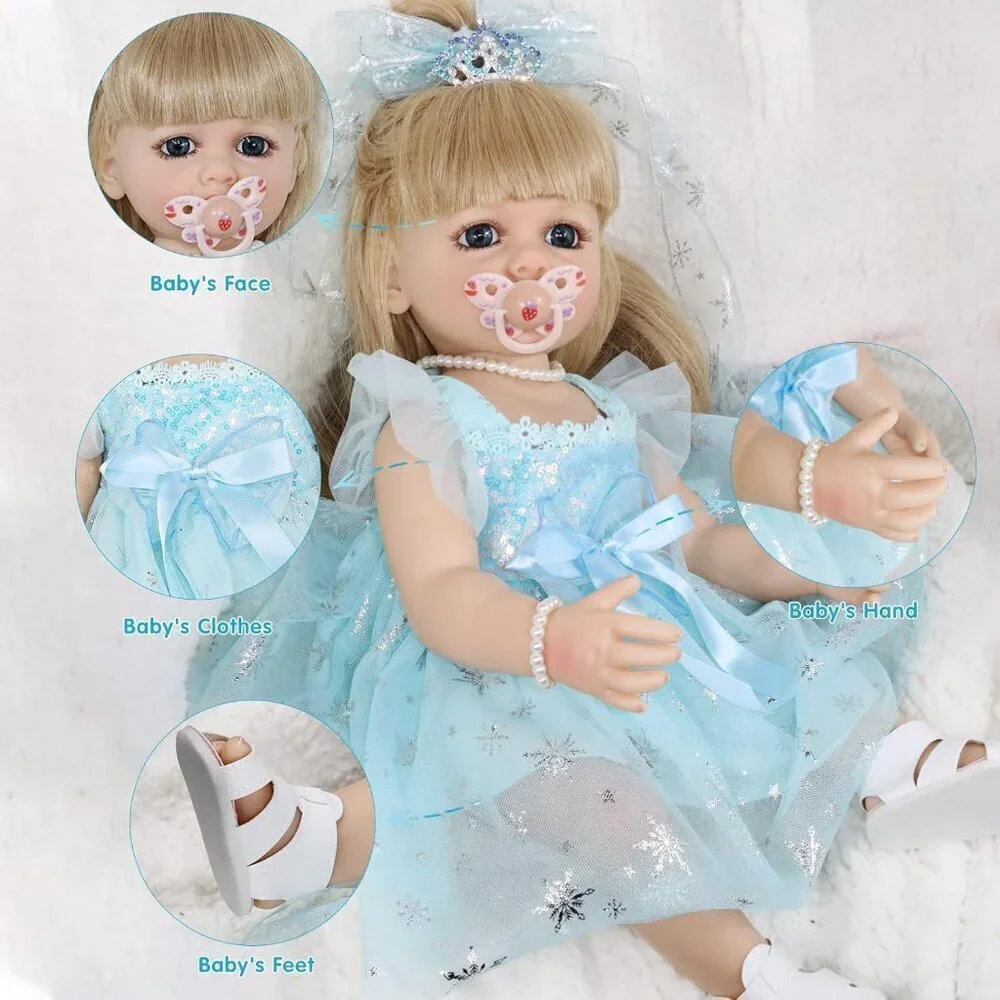 🆕22Inch Full Body Vinyl Silicone Newborn Baby Poseable Limbs Long Hair Girl